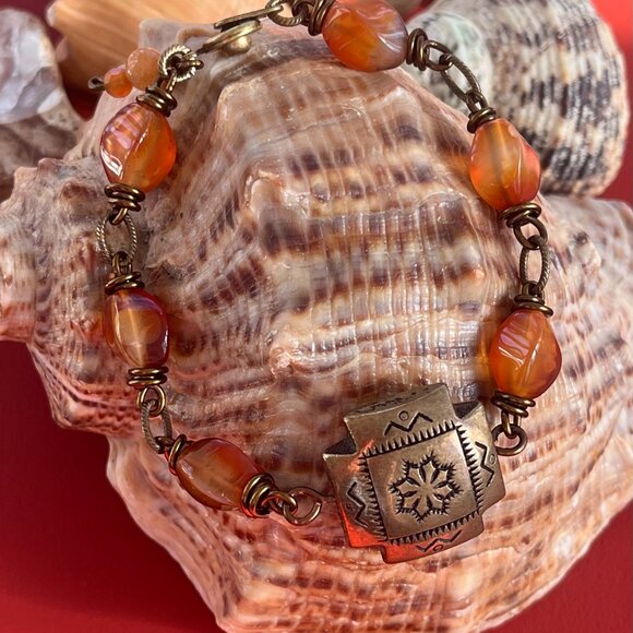 Carnelian Gemstone Bracelet, Brass Tribal Focal, Wire Wrapped Beaded Bracelet - Picture 3 of 4